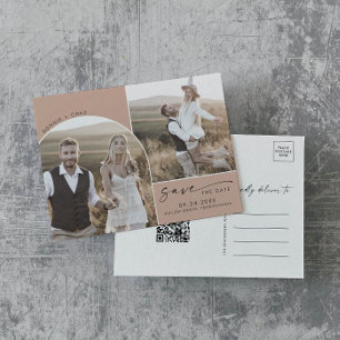 Modern Arch Salmon QR Code 2 Photo Save the Date Invitation Postcard