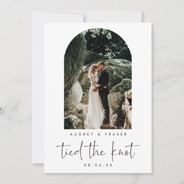 Modern Arch Script Elopement Tied the Knot Photo Announcement (Front)