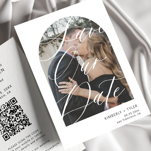 Modern arch script photo QR CODE wedding Save The Date (Creator Uploaded)