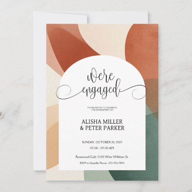 Modern Arch Terracotta & Sage Engagement Party Save The Date (Front)