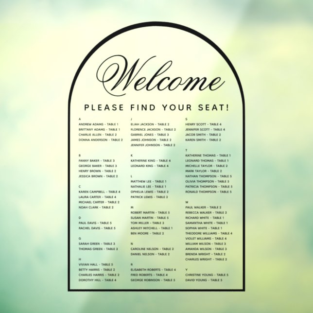 Modern Arch Transparent Alphabetical Seating Chart Window Cling (Sheet 3)