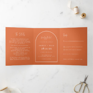 Modern Arch Tying Knot Burnt Orange Wedding  Tri-Fold Invitation