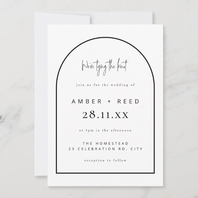 Modern Arch Tying Knot Wedding Black & White Invitation (Front)