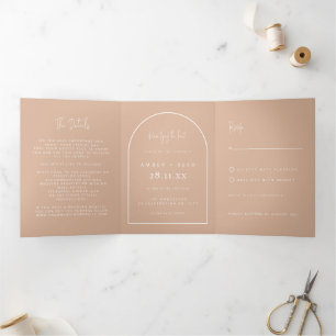 Modern Arch Tying Knot Wedding Blush Pink Script  Tri-Fold Invitation