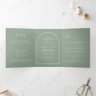Modern Arch Tying Knot Wedding Sage Green Script Tri-Fold Invitation