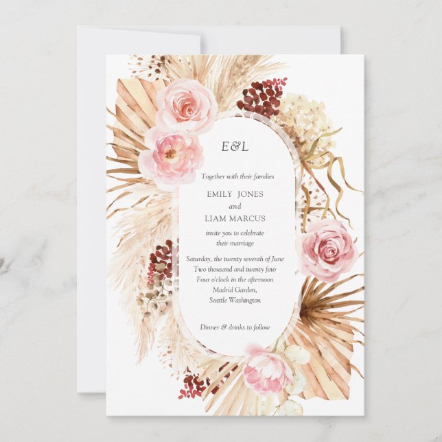 Modern Arch Watercolor Boho Pampas Flowers Wedding Invitation (Front)