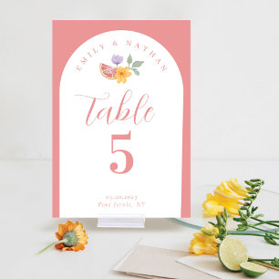 Modern Arch Watercolor Citrus Floral Couple Photo Table Number