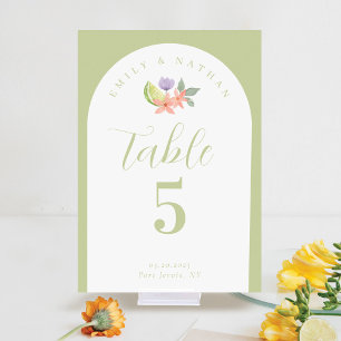 Modern Arch Watercolor Citrus Floral Couple Photo Table Number
