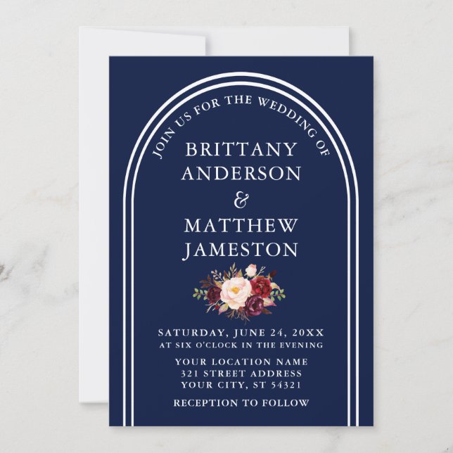 Modern Arch Wedding Burgundy Floral Blue Invitation (Front)