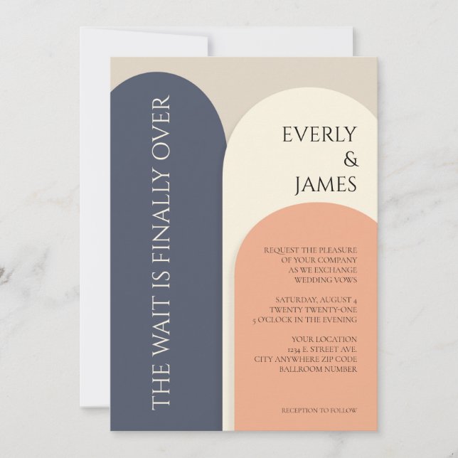  Modern Arch Wedding Invitation I Navy & Peach (Front)