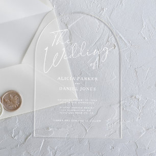 Modern arch white calligraphy script wedding  acrylic invitations