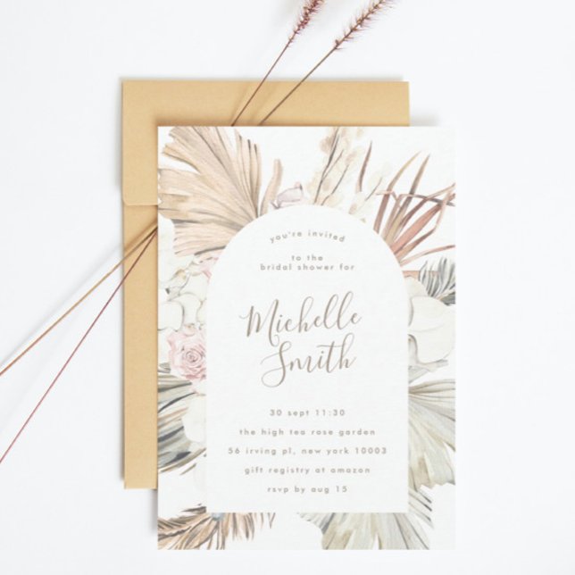 Modern Arch White Pampas Boho Desert Bridal Shower Invitation (Creator Uploaded)