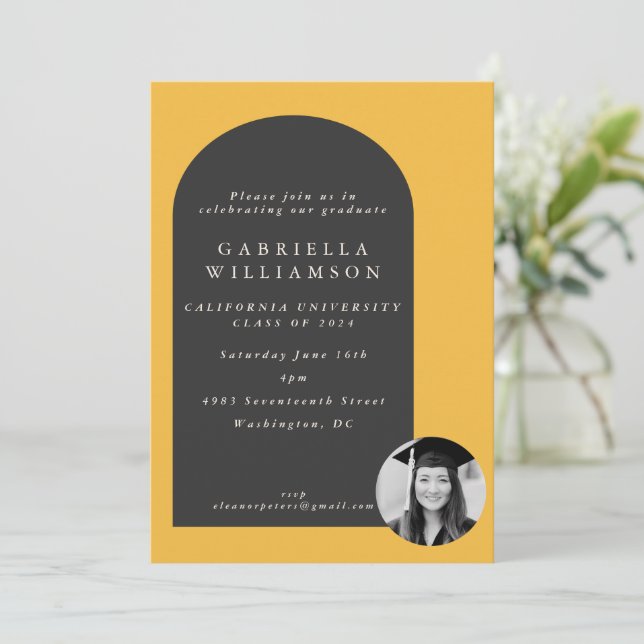 Modern Arch Yellow Grad Photo Graduation Party Invitation (Standing Front)