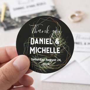 Modern Arched Black Gold Wedding Botanical Theme Classic Round Sticker