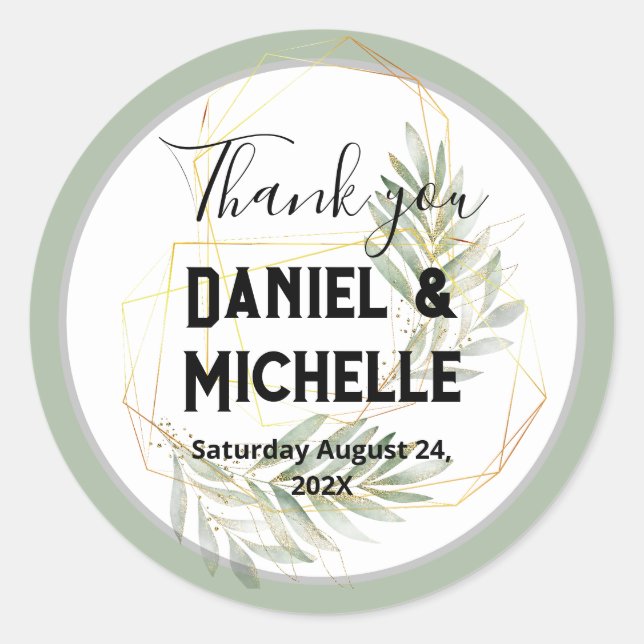 Modern Arched Black Gold Wedding Botanical Theme Classic Round Sticker (Front)