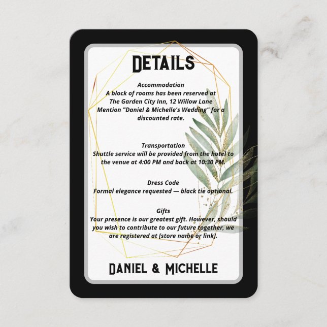 Modern Arched Black Gold Wedding Botanical Theme Enclosure Card (Front)