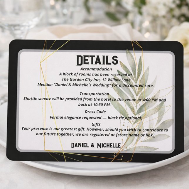 Modern Arched Black Gold Wedding Botanical Theme Enclosure Card (Creator Uploaded)