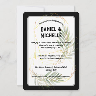 Modern Arched Black Gold Wedding Botanical Theme Invitation