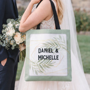 Modern Arched Black Gold Wedding Botanical Theme Tote Bag