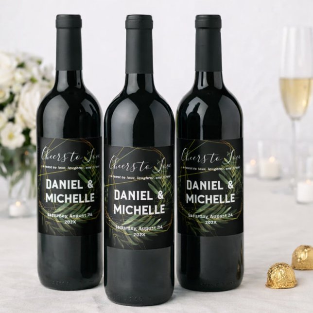 Modern Arched Black Gold Wedding Botanical Theme Wine Label (Creator Uploaded)