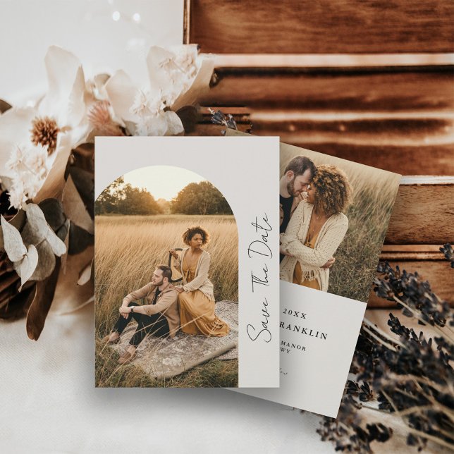 Modern Arched Frame Sage Wedding Neutral Photo Save The Date (Creator Uploaded)