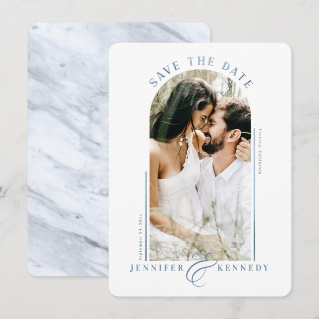 Modern Arched Photo Frame Blue Marble Back Save The Date (Front/Back)