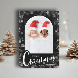 Modern Arched Photo on Black Christmas Holiday Card