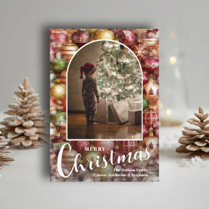 Modern Arched Photo on Christmas Baubles Holiday Card