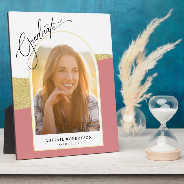 Modern Arched Photo Rose & Gold Graduation Plaque (Side)