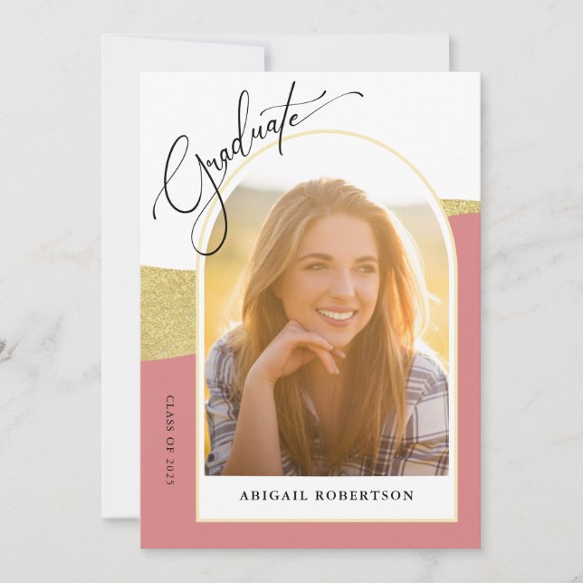 Modern Arched Photos Rose & Gold Graduation Invitation (Front)