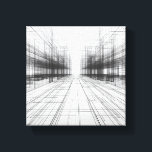 Modern Architectural Wireframe Art - Abstract 3D  Canvas Print<br><div class="desc">A sophisticated digital artwork featuring a complex 3D wireframe of a futuristic cityscape or interior. The design utilizes a vast network of fine black lines on a clean white background to create a deep, immersive perspective. This high-tech, minimalist piece is perfect for modern architectural firms, tech startup offices, or any...</div>
