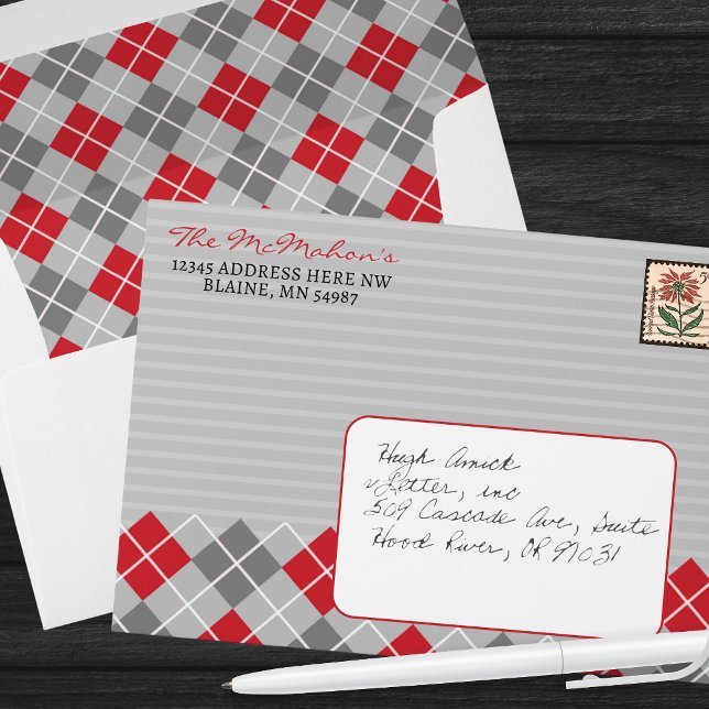 Modern Argyle Christmas Greeting Card Envelopes (Modern Elegant Argyle Christmas Holiday Card Envelopes + Personalized Return Address & Argyle Liner)