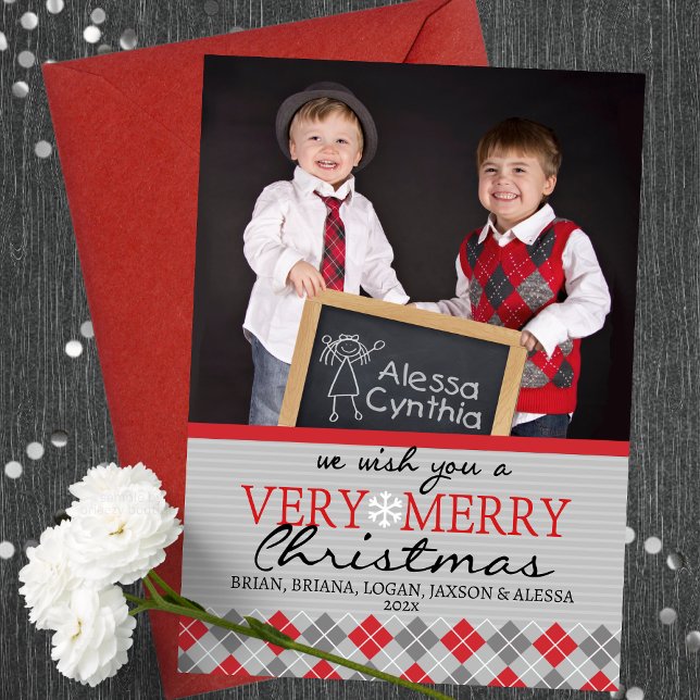 Modern Argyle Christmas Greeting Cards - 1 Photo (Elegant Modern Argyle 1 Photo Holiday Christmas Greeting Cards in Grey and Red)