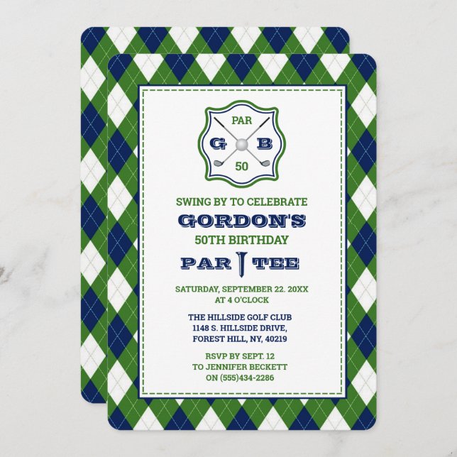Modern Argyle Pattern Golf Any Age Birthday Invitation (Front/Back)