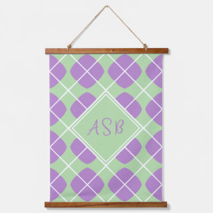 Modern Argyle Purple Green Pastel Monogram Hanging Tapestry