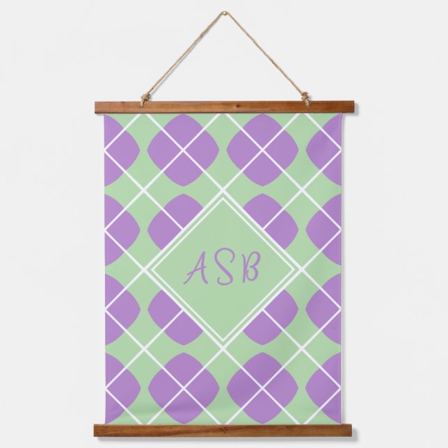 Modern Argyle Purple Green Pastel Monogram Hanging Tapestry (Front)