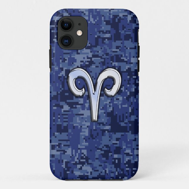 Modern Aries Zodiac Symbol Navy Blue Digital Camo Case-Mate iPhone Case (Back)