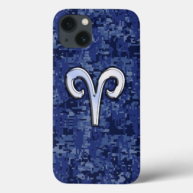 Modern Aries Zodiac Symbol Navy Blue Digital Camo Case-Mate iPhone Case (Back)