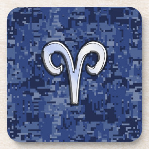 Modern Aries Zodiac Symbol Navy Blue Digital Camo Coaster