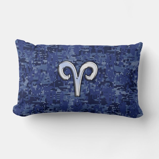 Modern Aries Zodiac Symbol Navy Blue Digital Camo Lumbar Pillow (Front)