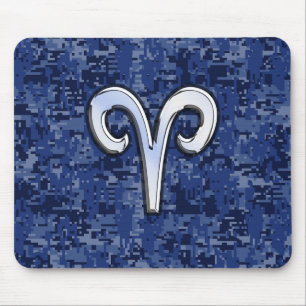 Modern Aries Zodiac Symbol Navy Blue Digital Camo Mouse Pad