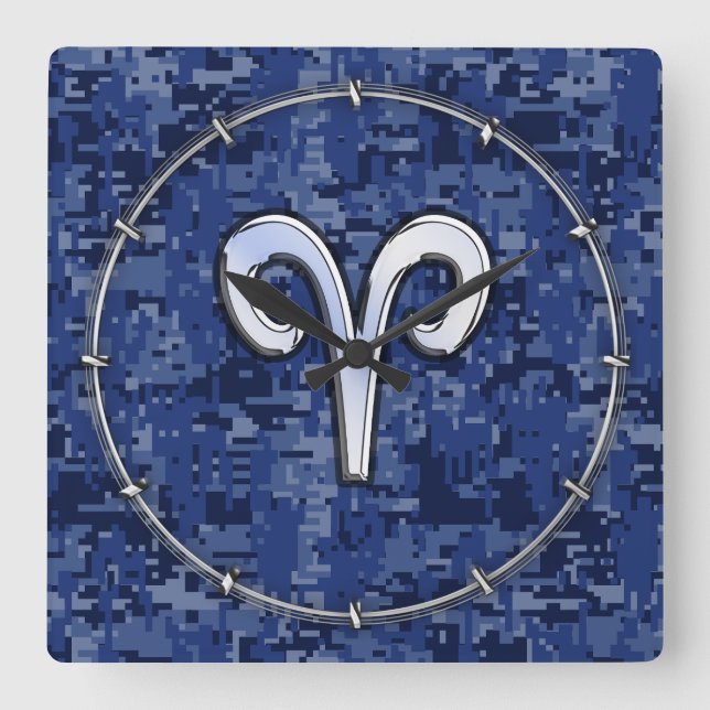 Modern Aries Zodiac Symbol Navy Blue Digital Camo Square Wall Clock (Front)