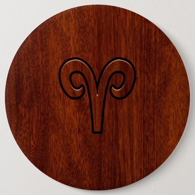Modern Aries Zodiac Symbol on Mahogany like print 6 Inch Round Button (Front)