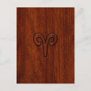 Modern Aries Zodiac Symbol on Mahogany like print Postcard