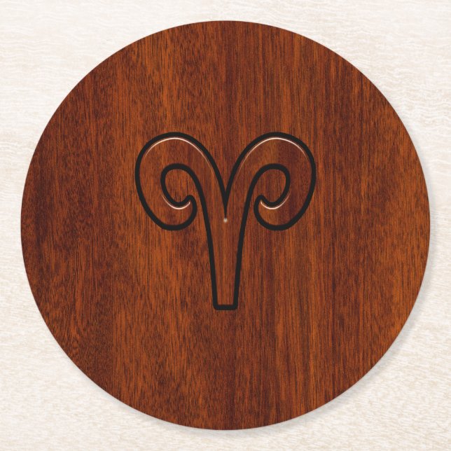 Modern Aries Zodiac Symbol on Mahogany like print Round Paper Coaster (Front)