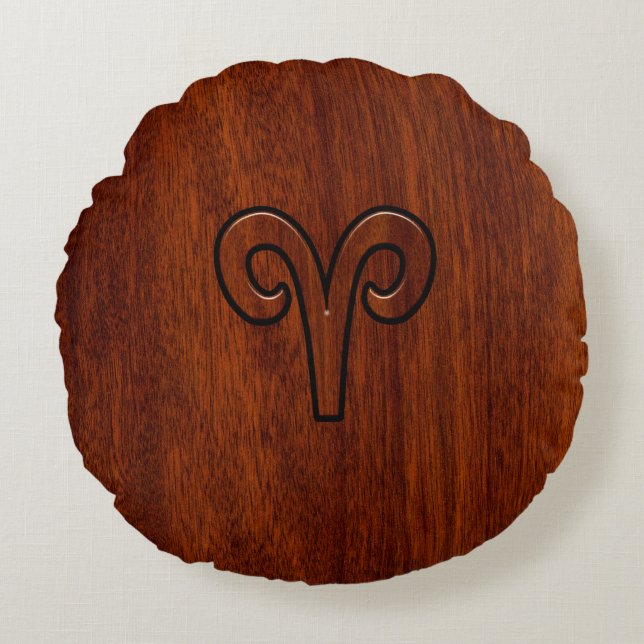 Modern Aries Zodiac Symbol on Mahogany like print Round Pillow (Front)