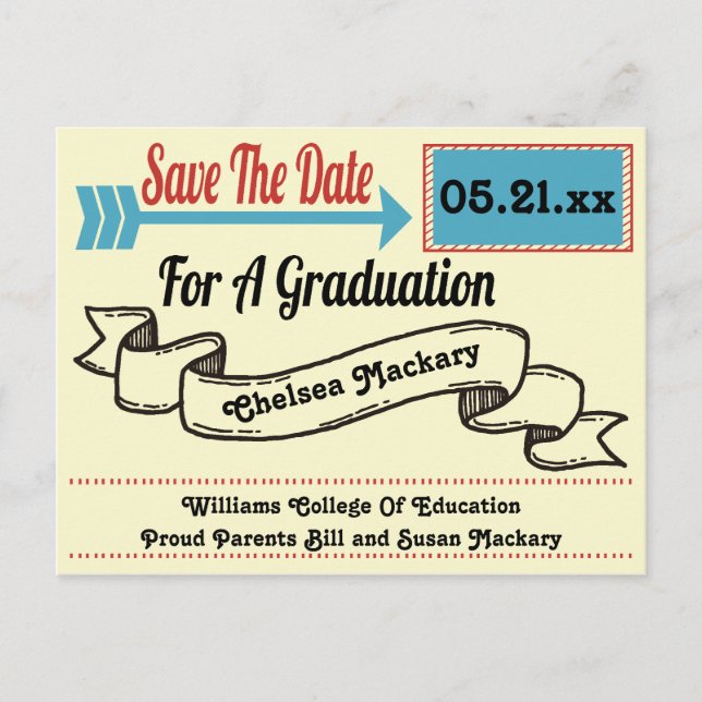 Modern Arrow and Ribbon Graduation Save The Date Announcement Postcard (Front)