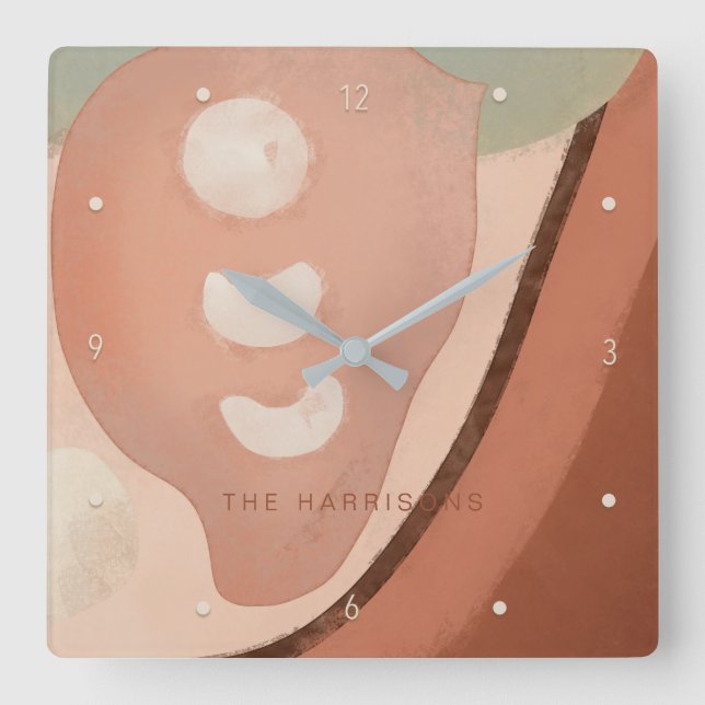 Modern Art Abstract Organic 60s Retro Family Name  Square Wall Clock (Front)
