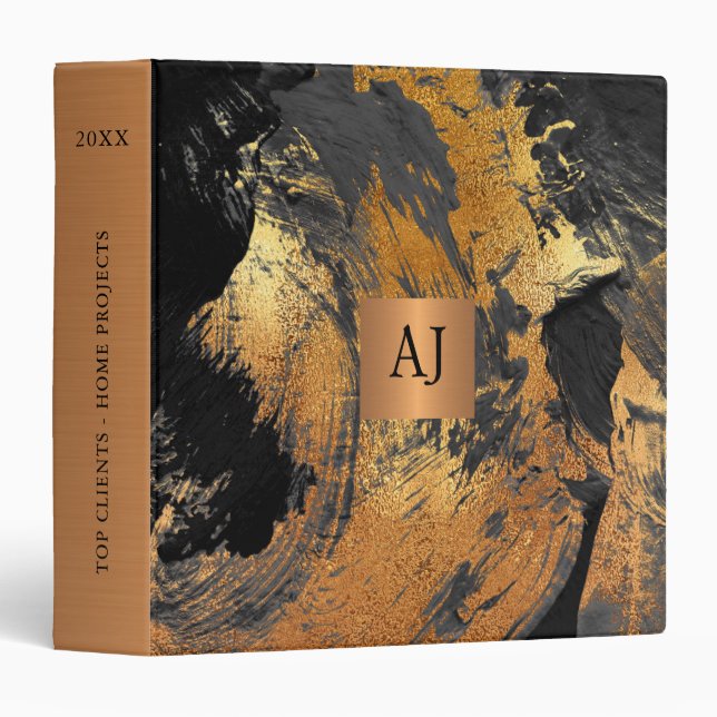 Modern art abstract painting black gold monogram binder (Front/Spine)