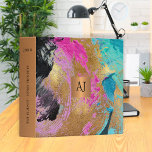 Modern art abstract painting copper gold monogram binder<br><div class="desc">Trendy modern glamourous acryl brushstrokes abstract painted canvas in bold teal turquoise, blue, hot pink, black and faux gold making an elegant binder with a faux metallic gold copper monogrammed geometric square for a makeup artist | wedding planner | hairstylist | fashion stylist | home interior decorator | designer |...</div>